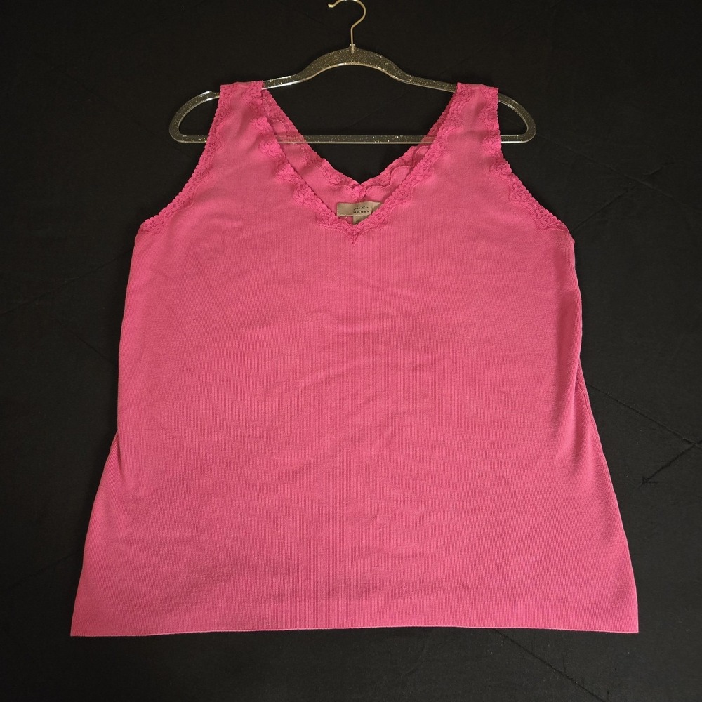 Liz & Co. Tank Top Womens 1X Pink Lace Trim 80% Silk V-Neck Knit Camisole Casual